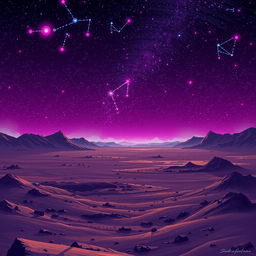 A desolate planet under a neon night sky, illuminated by vibrant, glowing constellations in pixel art style