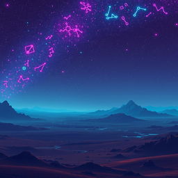 A desolate planet under a neon night sky, illuminated by vibrant, glowing constellations in pixel art style