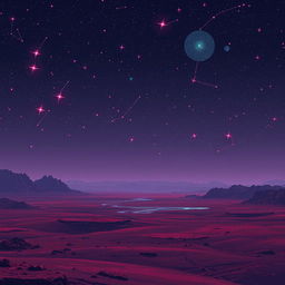 A desolate planet under a neon night sky, illuminated by vibrant, glowing constellations in pixel art style