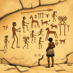 A detailed illustration of ancient rock art found in Piauí, Brazil, featuring a Brazilian indigenous person