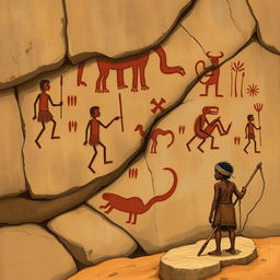 A detailed illustration of ancient rock art found in Piauí, Brazil, featuring a Brazilian indigenous person