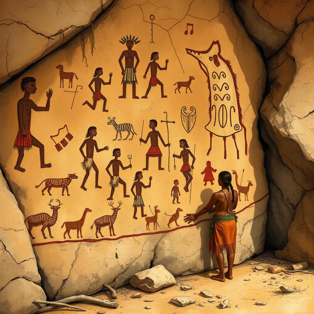 A detailed illustration of ancient rock art found in Piauí, Brazil, featuring a Brazilian indigenous person