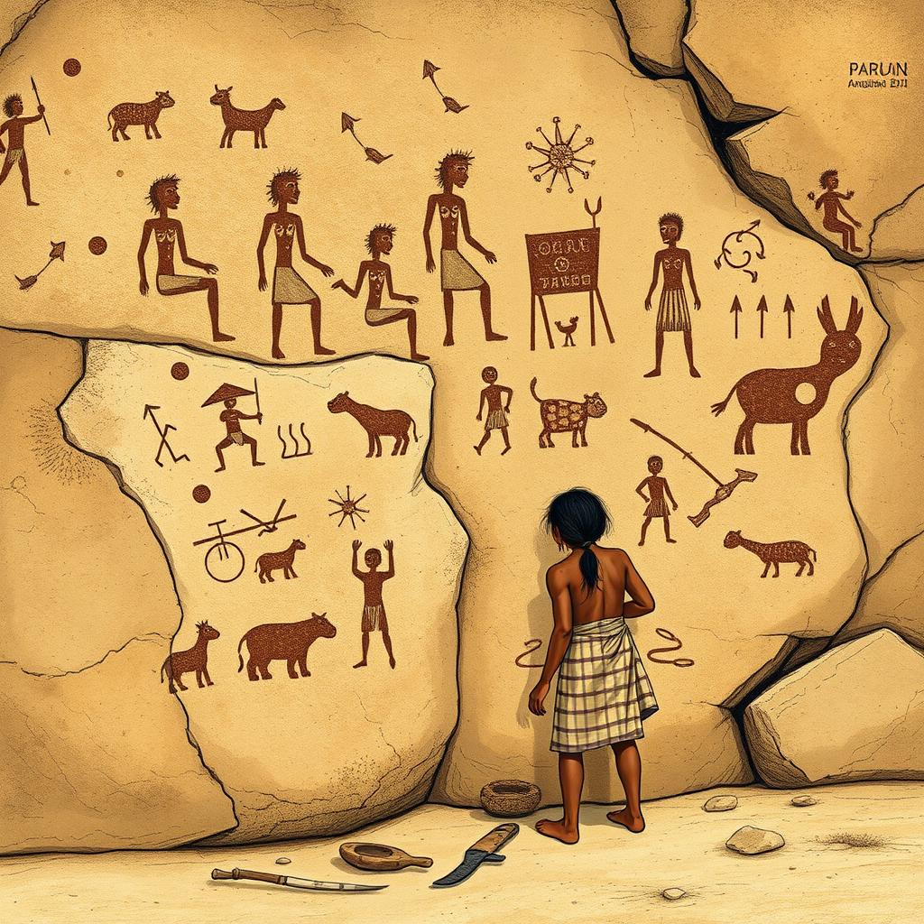 A detailed illustration of ancient rock art found in Piauí, Brazil, featuring a Brazilian indigenous person