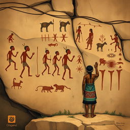 A detailed illustration of ancient rock art found in Piauí, Brazil, featuring a Brazilian indigenous person