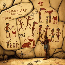 A detailed illustration of ancient rock art found in Piauí, Brazil, featuring a Brazilian indigenous person