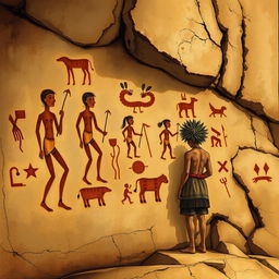 A detailed illustration of ancient rock art found in Piauí, Brazil, featuring a Brazilian indigenous person