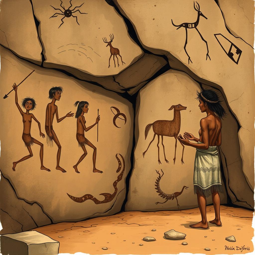 A detailed illustration of ancient rock art found in Piauí, Brazil, featuring a Brazilian indigenous person