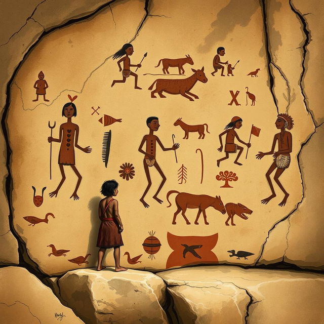 A detailed illustration of ancient rock art found in Piauí, Brazil, featuring a Brazilian indigenous person