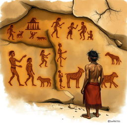 A detailed illustration of ancient rock art found in Piauí, Brazil, featuring a Brazilian indigenous person