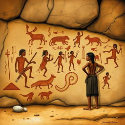 A detailed illustration of ancient rock art found in Piauí, Brazil, featuring a Brazilian indigenous person