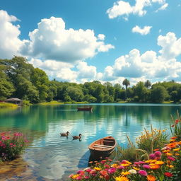 A serene landscape featuring a crystal-clear lake surrounded by lush green trees and vibrant flowers under a bright blue sky with fluffy white clouds