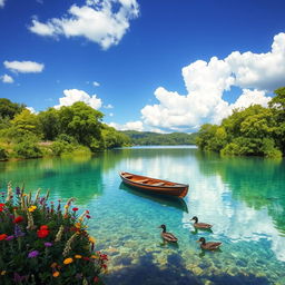 A serene landscape featuring a crystal-clear lake surrounded by lush green trees and vibrant flowers under a bright blue sky with fluffy white clouds