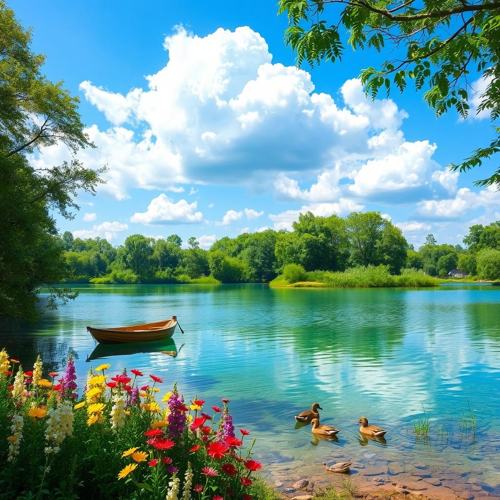 A serene landscape featuring a crystal-clear lake surrounded by lush green trees and vibrant flowers under a bright blue sky with fluffy white clouds