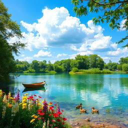 A serene landscape featuring a crystal-clear lake surrounded by lush green trees and vibrant flowers under a bright blue sky with fluffy white clouds