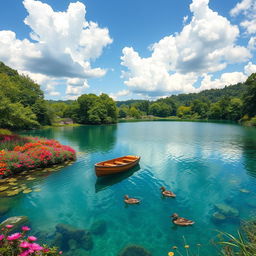 A serene landscape featuring a crystal-clear lake surrounded by lush green trees and vibrant flowers under a bright blue sky with fluffy white clouds