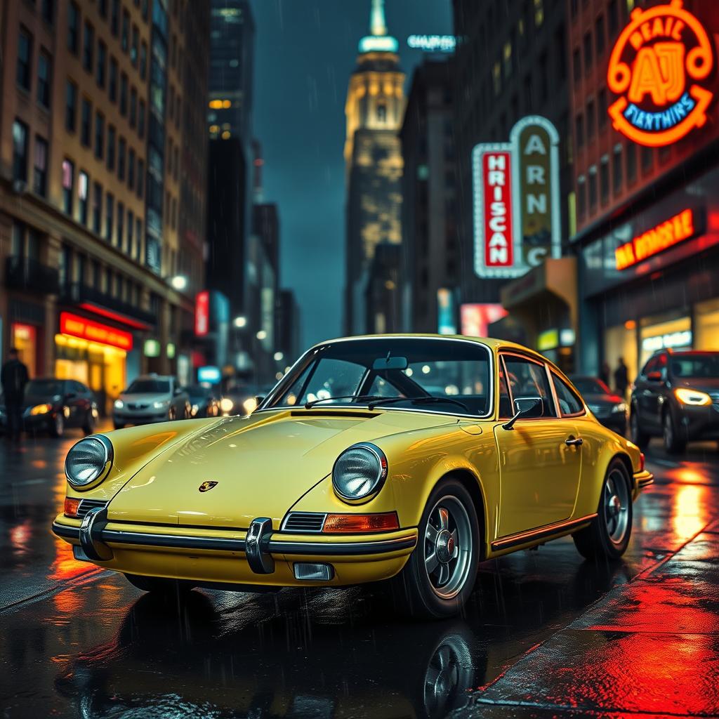 A vintage Porsche 911 parked on a city street at night