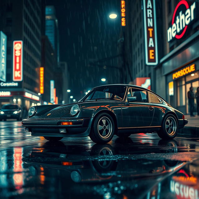 A vintage Porsche 911 parked on a city street at night