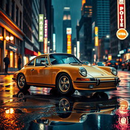 A vintage Porsche 911 parked on a city street at night