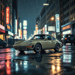 A vintage Porsche 911 parked on a city street at night