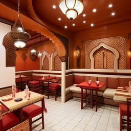 Design a 1600 sq ft Arabian Mandi eatery with budget-friendly interior, comprised of 30 percent kitchen area. Include traditional Middle Eastern architectural elements.