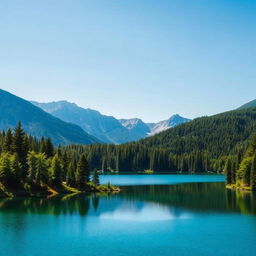 A beautiful landscape featuring a serene lake surrounded by lush green trees and majestic mountains in the background under a clear blue sky