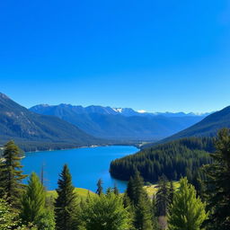 A beautiful landscape featuring a serene lake surrounded by lush green trees and majestic mountains in the background under a clear blue sky