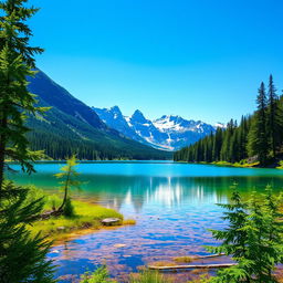 A beautiful landscape featuring a serene lake surrounded by lush green trees and majestic mountains in the background under a clear blue sky