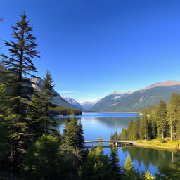 A beautiful landscape featuring a serene lake surrounded by lush green trees and majestic mountains in the background under a clear blue sky