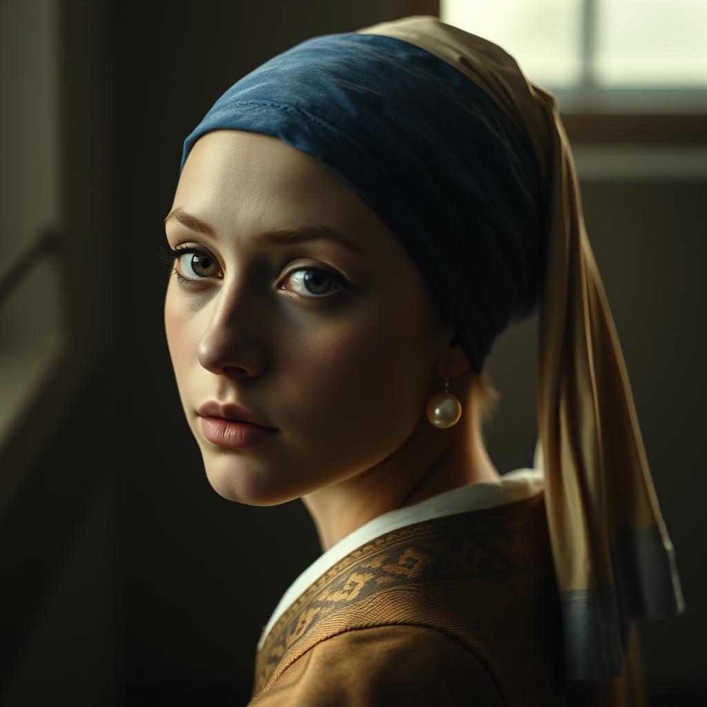 A cinematic composition raw photograph inspired by 'Girl with the Pearl Earring'