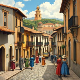 A detailed depiction of colonial Brazil featuring traditional Portuguese architecture, cobblestone streets, and people dressed in period clothing