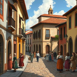 A detailed depiction of colonial Brazil featuring traditional Portuguese architecture, cobblestone streets, and people dressed in period clothing