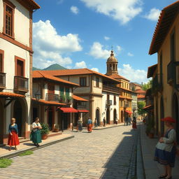 A detailed depiction of colonial Brazil featuring traditional Portuguese architecture, cobblestone streets, and people dressed in period clothing