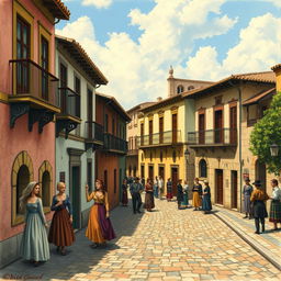 A detailed depiction of colonial Brazil featuring traditional Portuguese architecture, cobblestone streets, and people dressed in period clothing