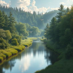 A serene landscape featuring a calm river flowing through a lush forest with birds flying in the sky and sunlight filtering through the trees