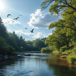 A serene landscape featuring a calm river flowing through a lush forest with birds flying in the sky and sunlight filtering through the trees