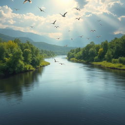 A serene landscape featuring a calm river flowing through a lush forest with birds flying in the sky and sunlight filtering through the trees