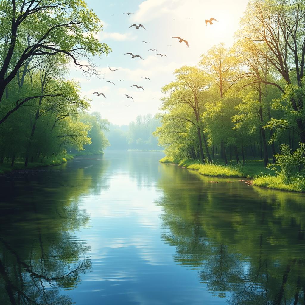 A serene landscape featuring a calm river flowing through a lush forest with birds flying in the sky and sunlight filtering through the trees