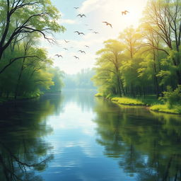 A serene landscape featuring a calm river flowing through a lush forest with birds flying in the sky and sunlight filtering through the trees