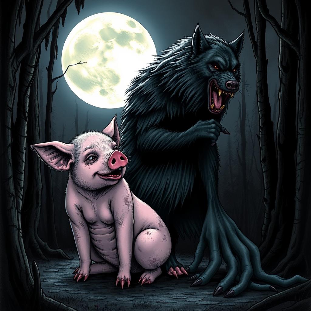 An illustration depicting a woman transforming into a pig next to a werewolf under a full moon