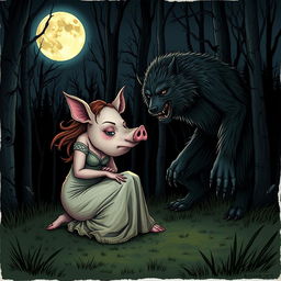 An illustration depicting a woman transforming into a pig next to a werewolf under a full moon