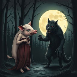 An illustration depicting a woman transforming into a pig next to a werewolf under a full moon