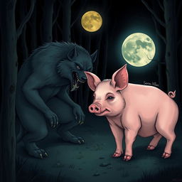 An illustration depicting a woman transforming into a pig next to a werewolf under a full moon