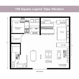 A detailed layout of a 150 square meter takeout food preparation facility