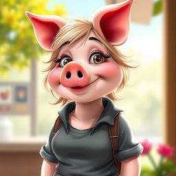 A whimsical and imaginative depiction of a pigwoman, blending human and pig features in a friendly and approachable manner