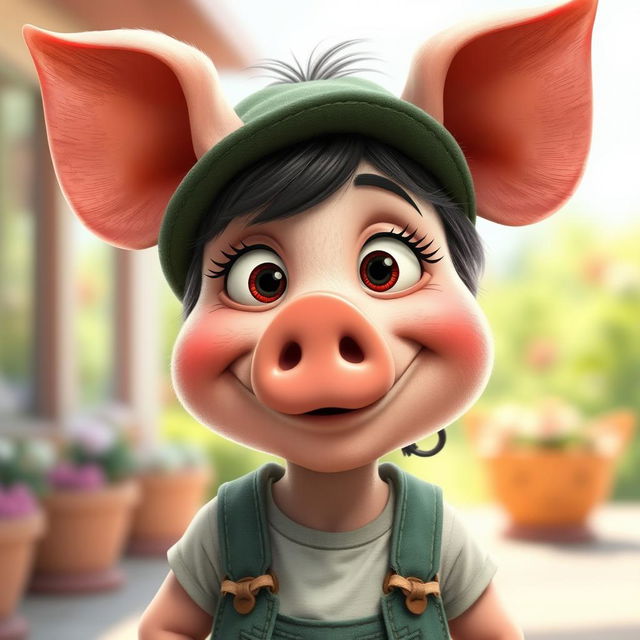 A whimsical and imaginative depiction of a pigwoman, blending human and pig features in a friendly and approachable manner