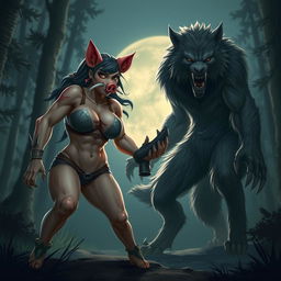 A dynamic scene featuring a werepig female and a werewolf