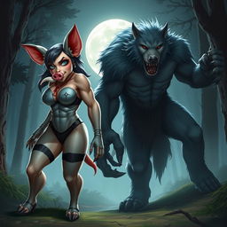 A dynamic scene featuring a werepig female and a werewolf