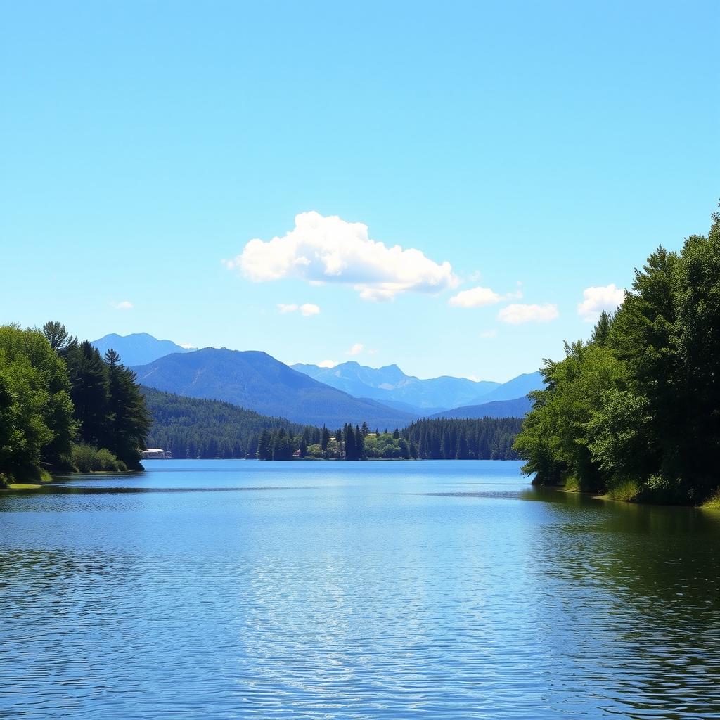 A serene landscape featuring a calm lake surrounded by lush green trees and distant mountains under a clear blue sky with a few fluffy clouds