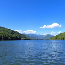 A serene landscape featuring a calm lake surrounded by lush green trees and distant mountains under a clear blue sky with a few fluffy clouds