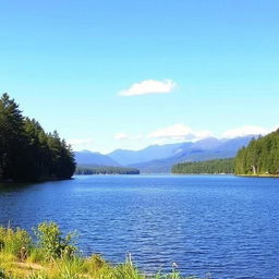 A serene landscape featuring a calm lake surrounded by lush green trees and distant mountains under a clear blue sky with a few fluffy clouds